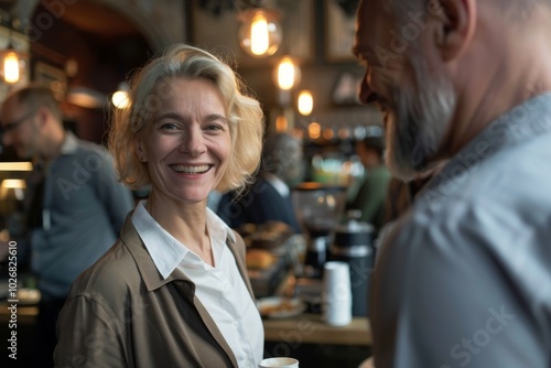 Portrait of smiling senior couple sitting in cafe, talking and drinking coffee