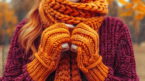 Close-up of a Person Wearing Knitted Orange Gloves and Scarf photo