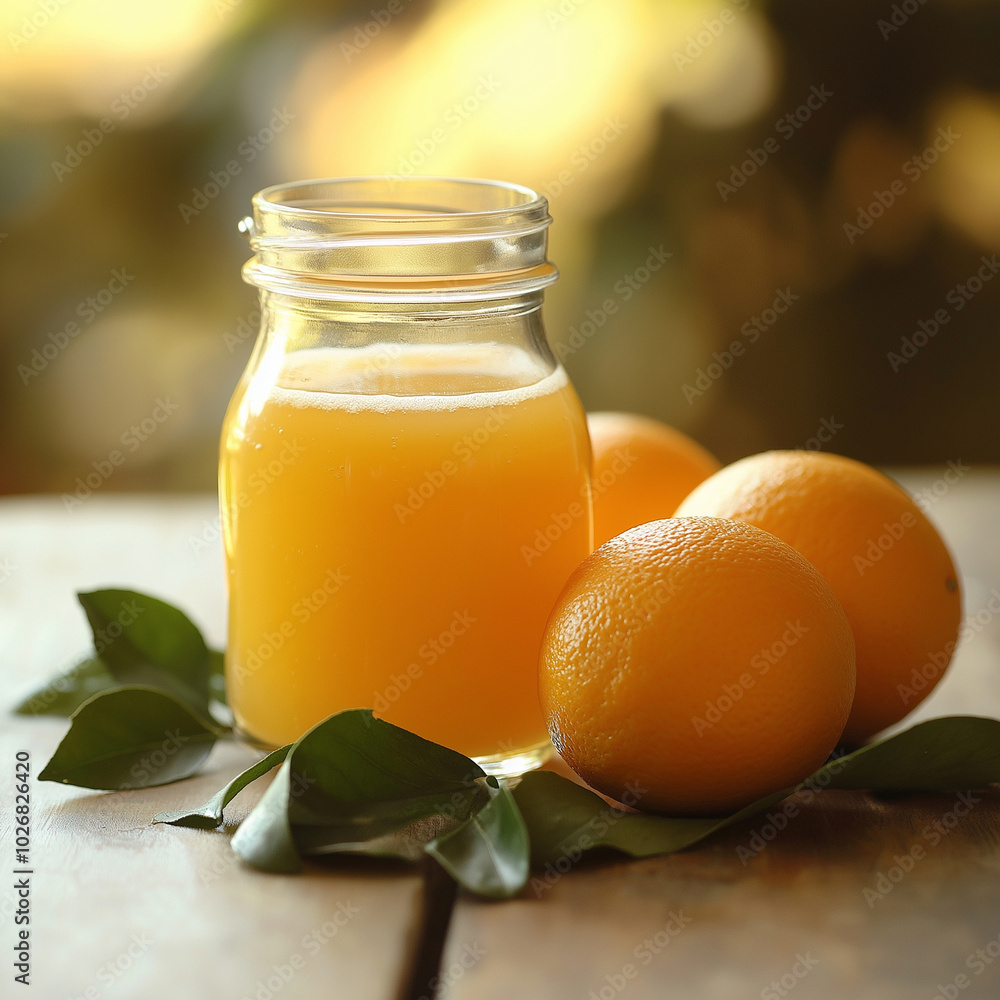 Freshly squeezed orange juice in a glass jar, with oranges and leaves on a wooden table, natural light Freshly squeezed orange juice in a glass jar, with oranges and leaves on a wooden table, natural light