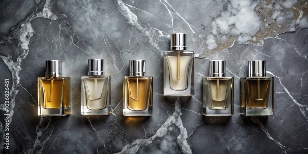 A row of perfume bottles on a marbled surface, each with a distinct golden hue and sleek, modern design. A row of perfume bottles on a marbled surface, each with a distinct golden hue and sleek, modern design.