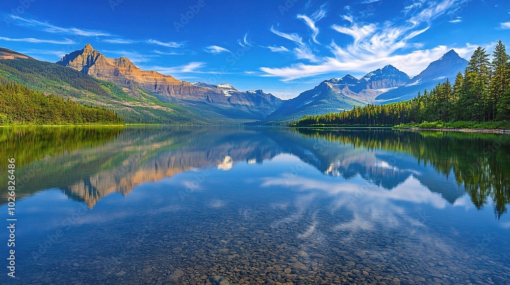 Obraz premium Serene Mountain Lake Reflection Under Clear Blue Sky
