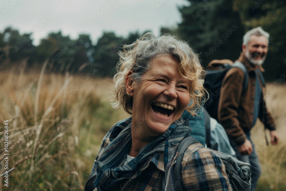 Senior couple hiking in the countryside. They are happy and smiling. Senior couple hiking in the countryside. They are happy and smiling.