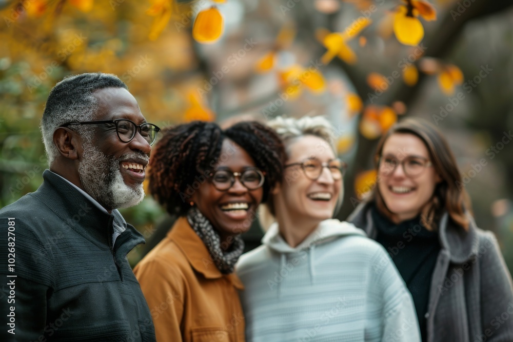 Group of multiethnic friends walking in autumn park. Smiling african american and caucasian men and women looking at camera. Group of multiethnic friends walking in autumn park. Smiling african american and caucasian men and women looking at camera.