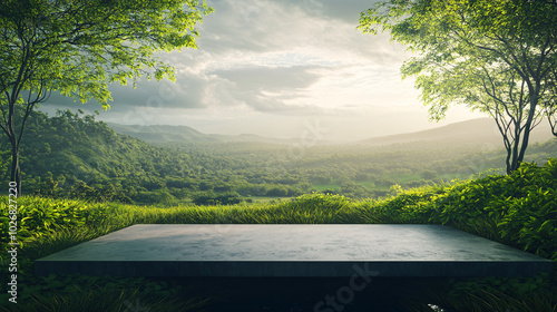 green meadow landscape with concrete platform in front of mountains and lush foliage