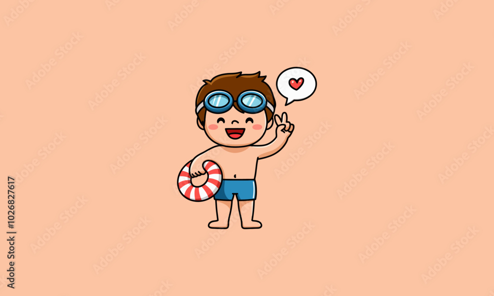Happy boy with goggles, float, and peace sign, smiling. Happy boy with goggles, float, and peace sign, smiling.