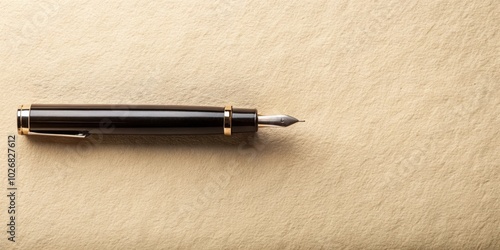 A black fountain pen rests on a blank beige paper surface, inviting words to be written, a simple yet elegant scene.