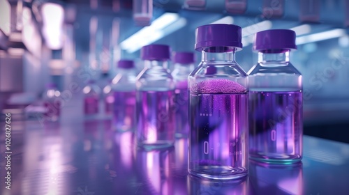 Glass vials filled with purple liquid, reflecting vibrant bokeh lights in a modern laboratory setting