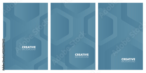 Three vertical, muted blue designs with repeating, geometric shapes.