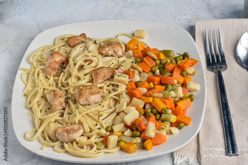 chicken  alfredo  with mixed  vegetables photo