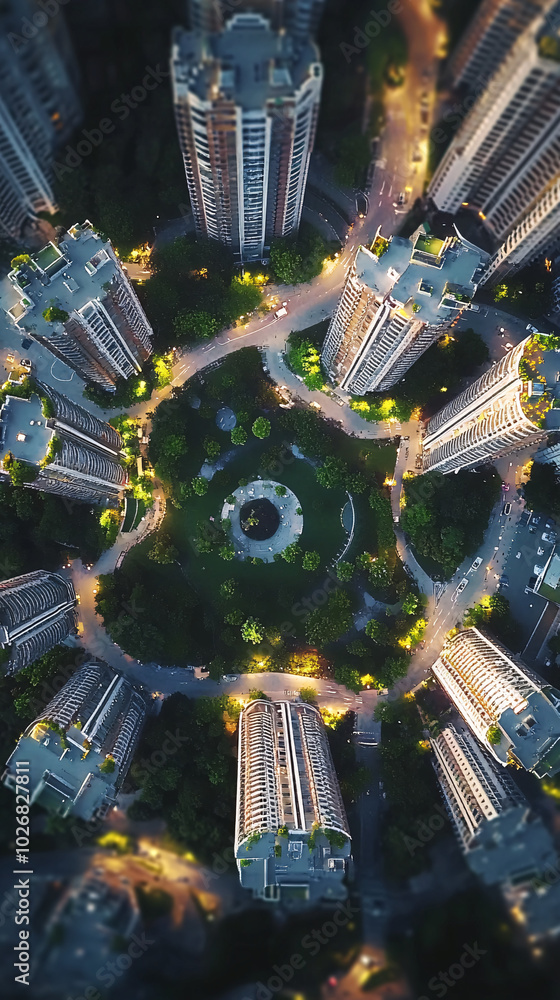 aerial view of modern city buildings with lush green trees surrounding ...