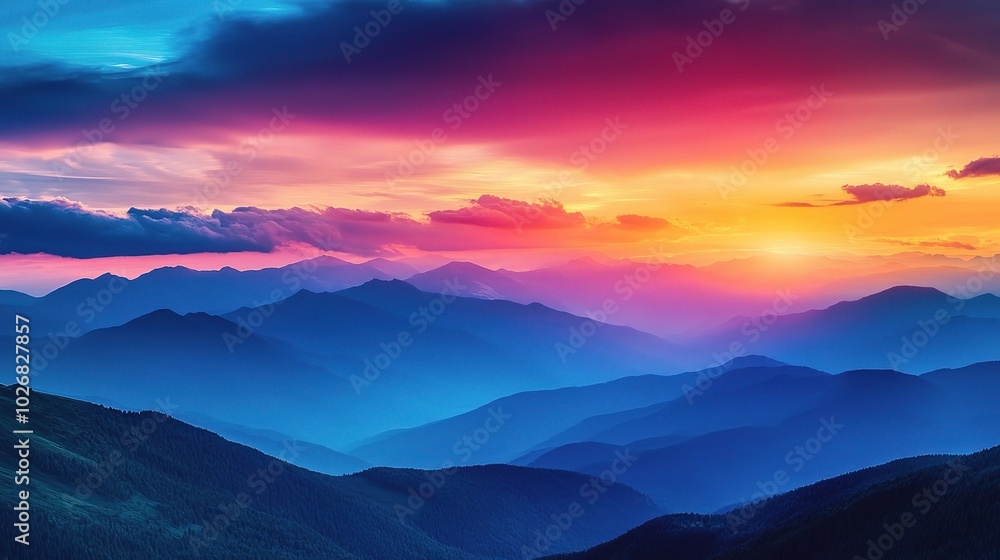 Fototapeta premium Colorful Sunset Over Mountain Landscape