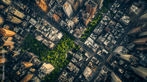 aerial cityscape of new york city with green park in the center  high rise buildings and urban architecture  view from above  drone photography  bird's eye view