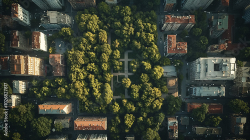 aerial view of a city park surrounded by buildings and trees with a square patio in the middle.