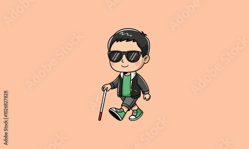 Boy with sunglasses using a white cane, walking confidently.