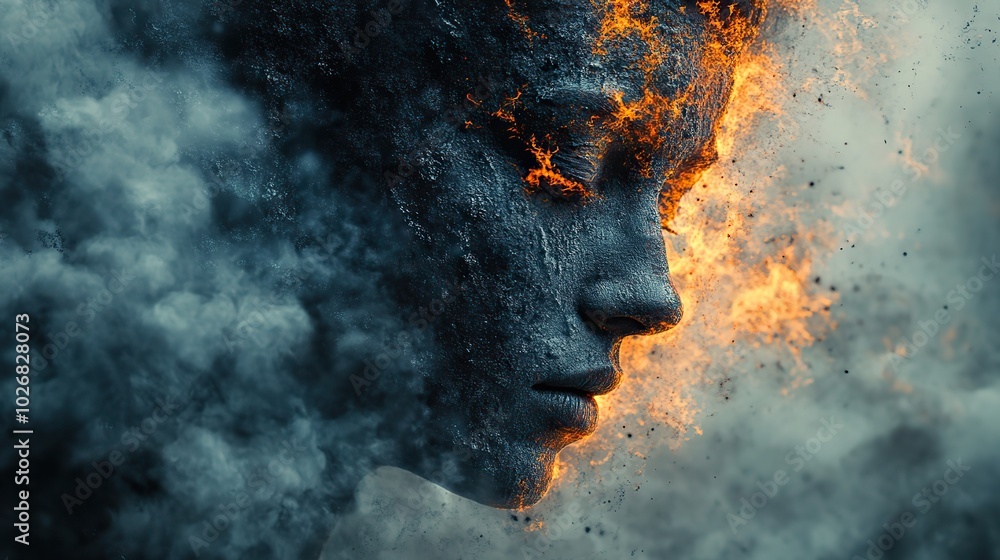 A conceptual portrait depicting the struggles of mental health disorders using advanced technology visuals. A conceptual portrait depicting the struggles of mental health disorders using advanced technology visuals.