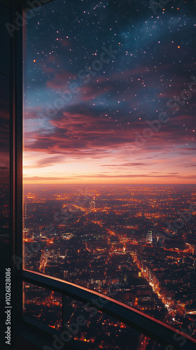night cityscape view from window with beautiful starry sky and pink sunset clouds