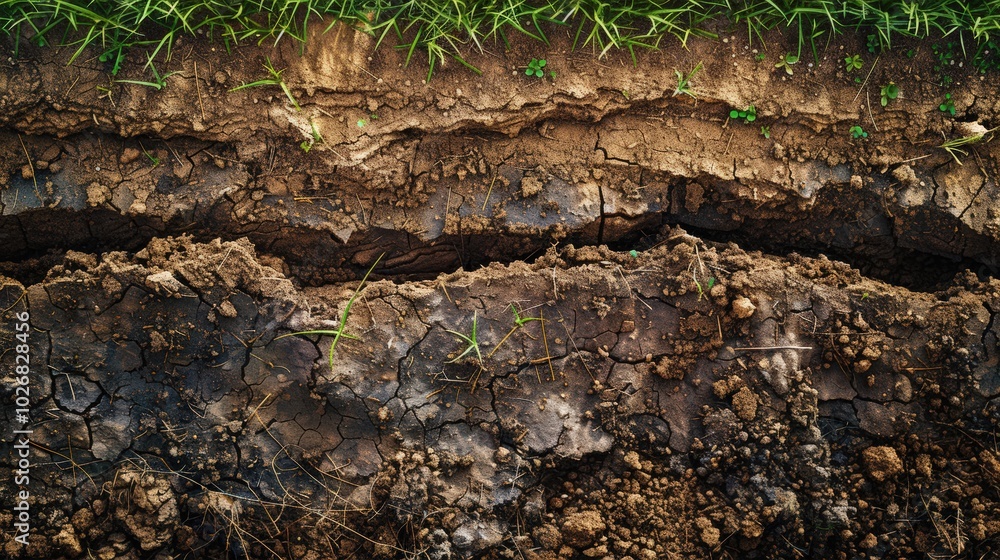 Close up of soil with green grass on the top layer. Part of exposed soil under bed of grass of lawn Close up of soil with green grass on the top layer. Part of exposed soil under bed of grass of lawn