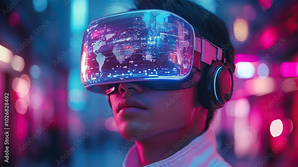 A cyberpunk-themed image with an Asian man using VR glasses, interacting with holographic world icons. A cyberpunk-themed image with an Asian man using VR glasses, interacting with holographic world icons.