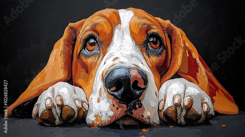 A cute basset hound is depicted on a dark background using technology, blending traditional art with digital creation methods. photo