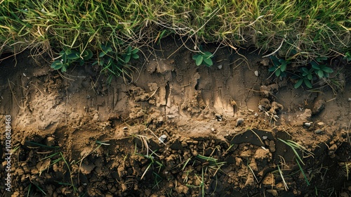 Close up of soil with green grass on the top layer. Part of exposed soil under bed of grass of lawn