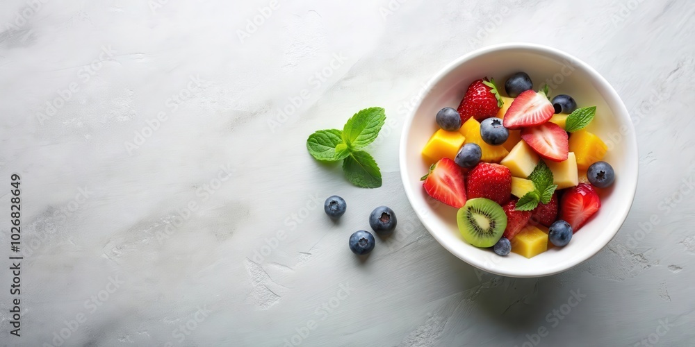 Fresh Fruit Salad in a White Bowl with Mint Garnish and Blueberries Scattered on a Grey Surface Fresh Fruit Salad in a White Bowl with Mint Garnish and Blueberries Scattered on a Grey Surface