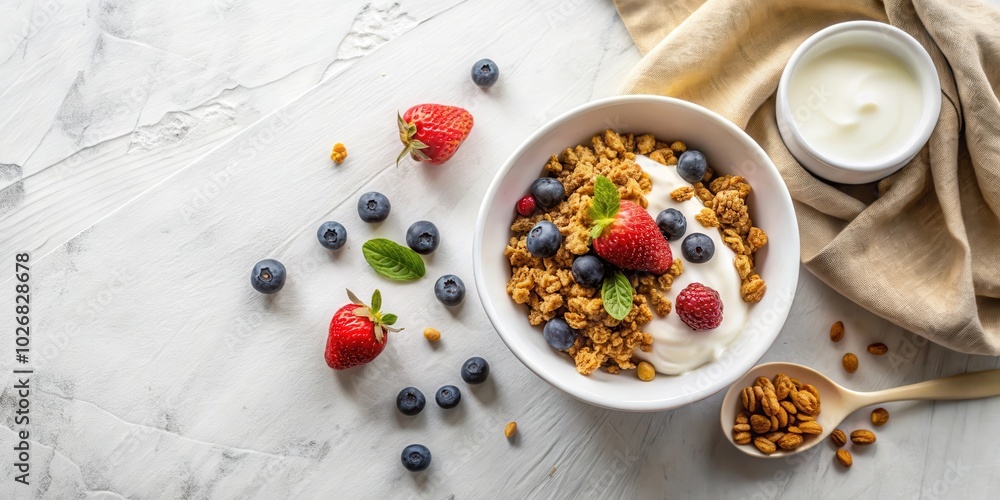 A bowl of granola with yogurt, blueberries, and strawberries, served with a side of plain yogurt and a spoon of granola on a white background A bowl of granola with yogurt, blueberries, and strawberries, served with a side of plain yogurt and a spoon of granola on a white background