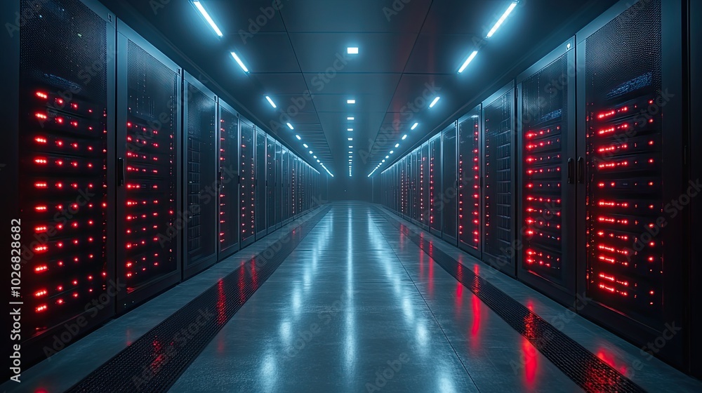 Fototapeta premium A dark server room with glowing hard drives, highlighting the technology of data storage systems.