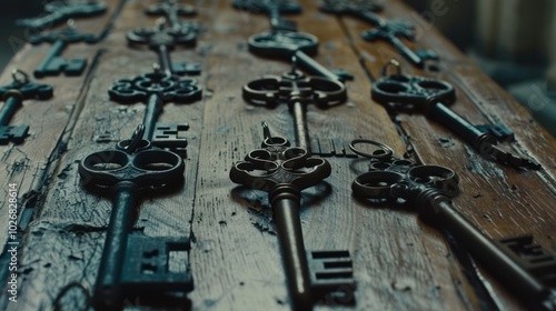 A Collection of Ornate Keys Scattered on a Weathered Wooden Surface