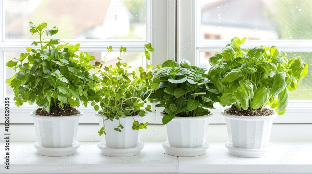 Four potted herbs on a white window sill Four potted herbs on a white window sill