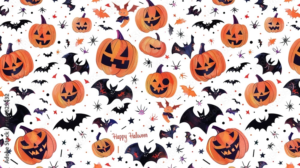 Halloween-themed design with a pumpkin background, bats, and Halloween accessories, featuring a cute and simple pattern. The center of the image includes the text Halloween-themed design with a pumpkin background, bats, and Halloween accessories, featuring a cute and simple pattern. The center of the image includes the text