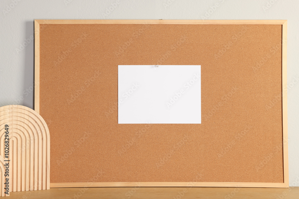 Fototapeta premium Cork board with blank paper note and decorative elements on wooden table near light wall