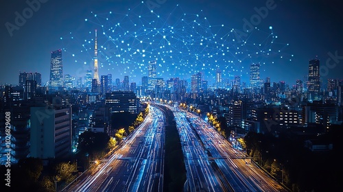 Wallpaper Mural A digital data network connects with wireless and mobile internet technologies, showcasing the global reach of 5G and LTE in fintech and blockchain. Torontodigital.ca