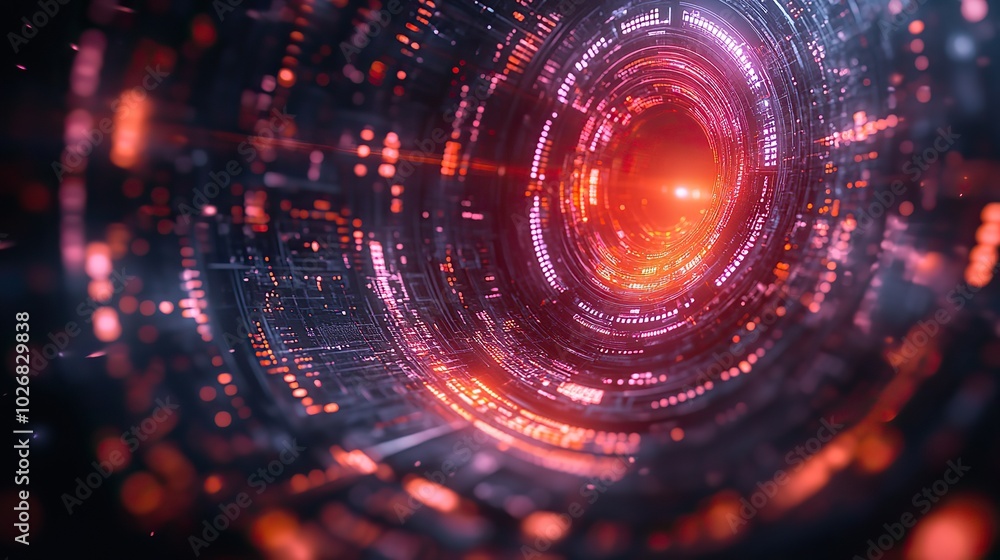 Obraz premium A digital hologram screen with a circular technology background symbolizes futuristic concepts, blending abstract visuals with high-tech interfaces.