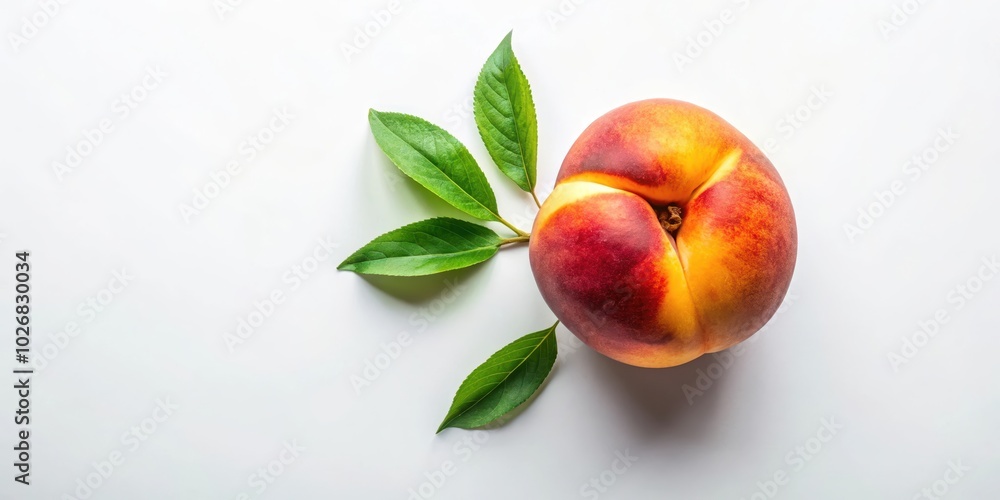 A single, ripe peach with a hint of red and yellow, resting gracefully on a white surface, accented by delicate green leaves. A single, ripe peach with a hint of red and yellow, resting gracefully on a white surface, accented by delicate green leaves.