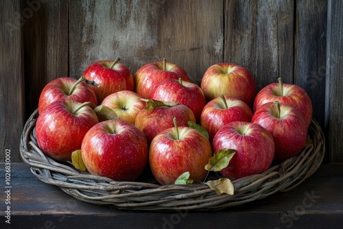 Still-life. Circular composition on a dark wooden background. Realistic village apples. In the center is a place for text. Rustic style - generative ai