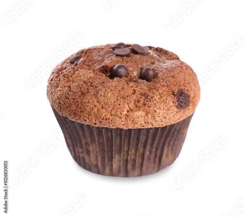 Delicious sweet muffin with chocolate chips isolated on white