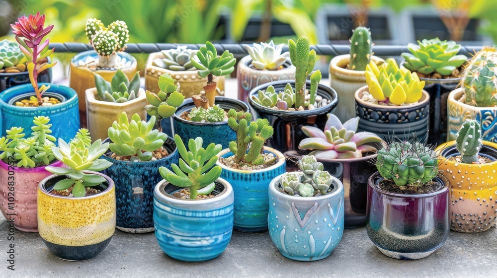 Collection of Succulents and Cacti in Colorful Pots Collection of Succulents and Cacti in Colorful Pots