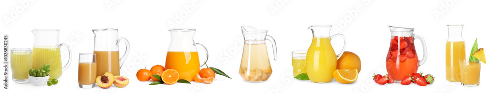 Glass jugs with different juices isolated on white, set Glass jugs with different juices isolated on white, set