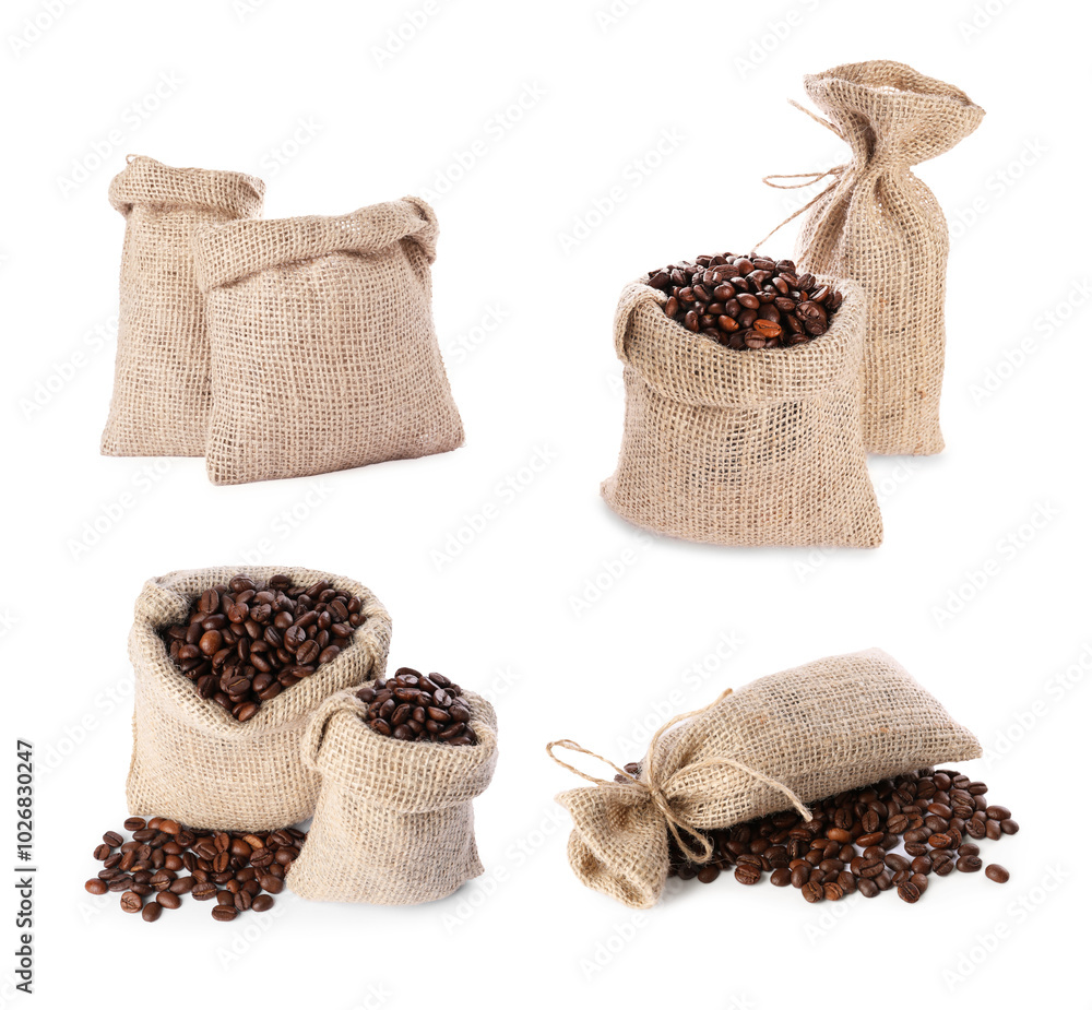 Burlap bags with roasted coffee beans isolated on white, set Burlap bags with roasted coffee beans isolated on white, set