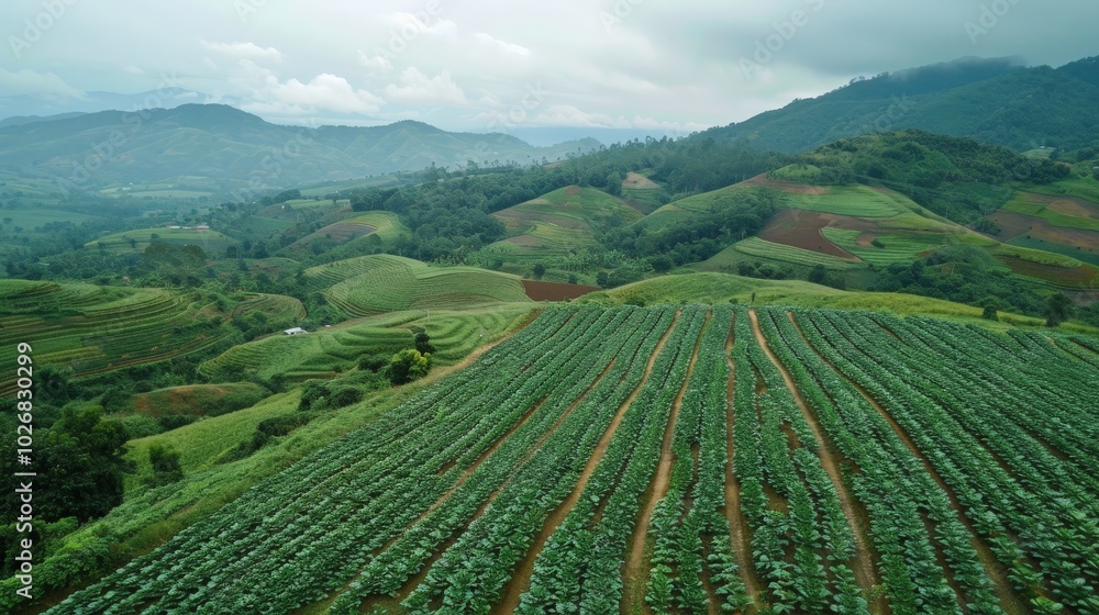 Fototapeta premium Aerial view of a picturesque coffee shop located in the heart of expansive rice fields