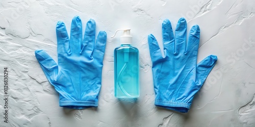 A Pair of Blue Nitrile Gloves and a Bottle of Hand Sanitizer on a White Textured Background