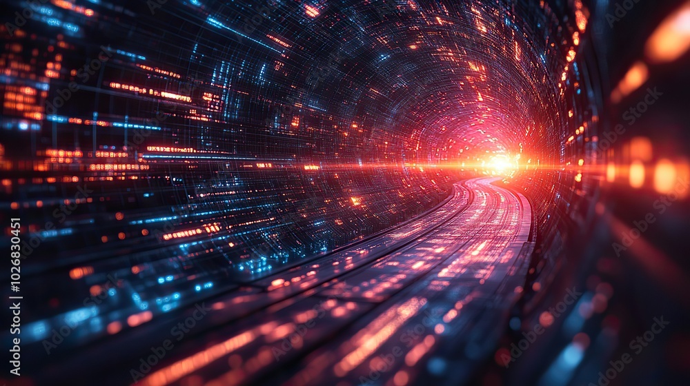 A digital scene depicts a virtual cyber environment, illustrating the interconnected nature of internet technology and digital communication. A digital scene depicts a virtual cyber environment, illustrating the interconnected nature of internet technology and digital communication.