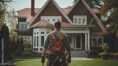 Back view of a construction worker wearing a yellow hardhat and backpack