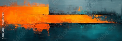 abstract painting, textured canvas with warm orange and teal tones, textured brush strokes creating an abstract background with geometric shapes in the foreground photo