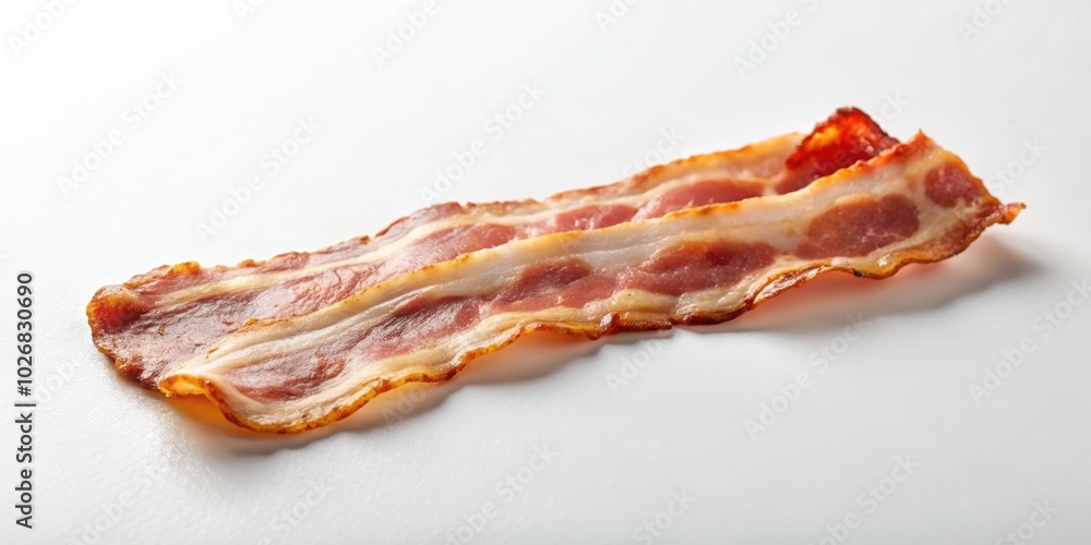 A close-up shot of a crispy, cooked bacon strip with a slight curve, showcasing its golden-brown edges and the subtle striations of fat and meat. A close-up shot of a crispy, cooked bacon strip with a slight curve, showcasing its golden-brown edges and the subtle striations of fat and meat.