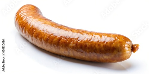 A single, cooked sausage with a golden brown hue, glistening with a layer of fat, displayed on a white surface.