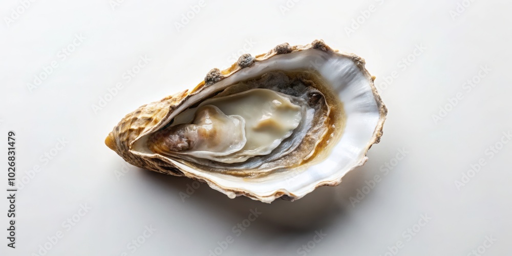 A single oyster shell, open to reveal the pearly white interior, rests on a smooth white surface, showcasing the natural beauty of this marine delicacy. A single oyster shell, open to reveal the pearly white interior, rests on a smooth white surface, showcasing the natural beauty of this marine delicacy.