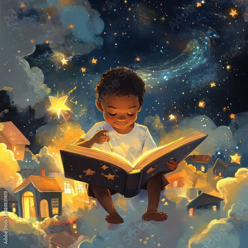 Little Reader in the Sky: A young boy sits on a cloud reading a magical book, surrounded by twinkling stars and tiny houses. The open book illuminates his face.