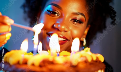 Haitian Woman Lighting Candles on Birthday Cake