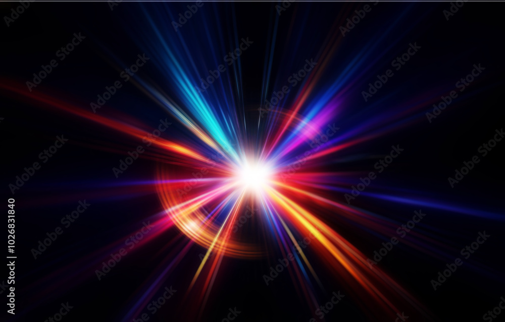 Abstract illustration featuring a burst of light, radiating outward from a central point in a dark background. The light appears to be moving at a fast speed. Abstract illustration featuring a burst of light, radiating outward from a central point in a dark background. The light appears to be moving at a fast speed.